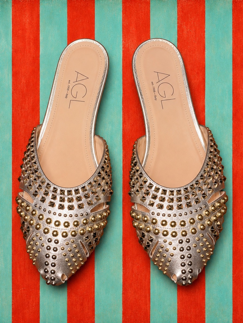 AGL Metallic Gold Studded Pointed Slip-On Mules